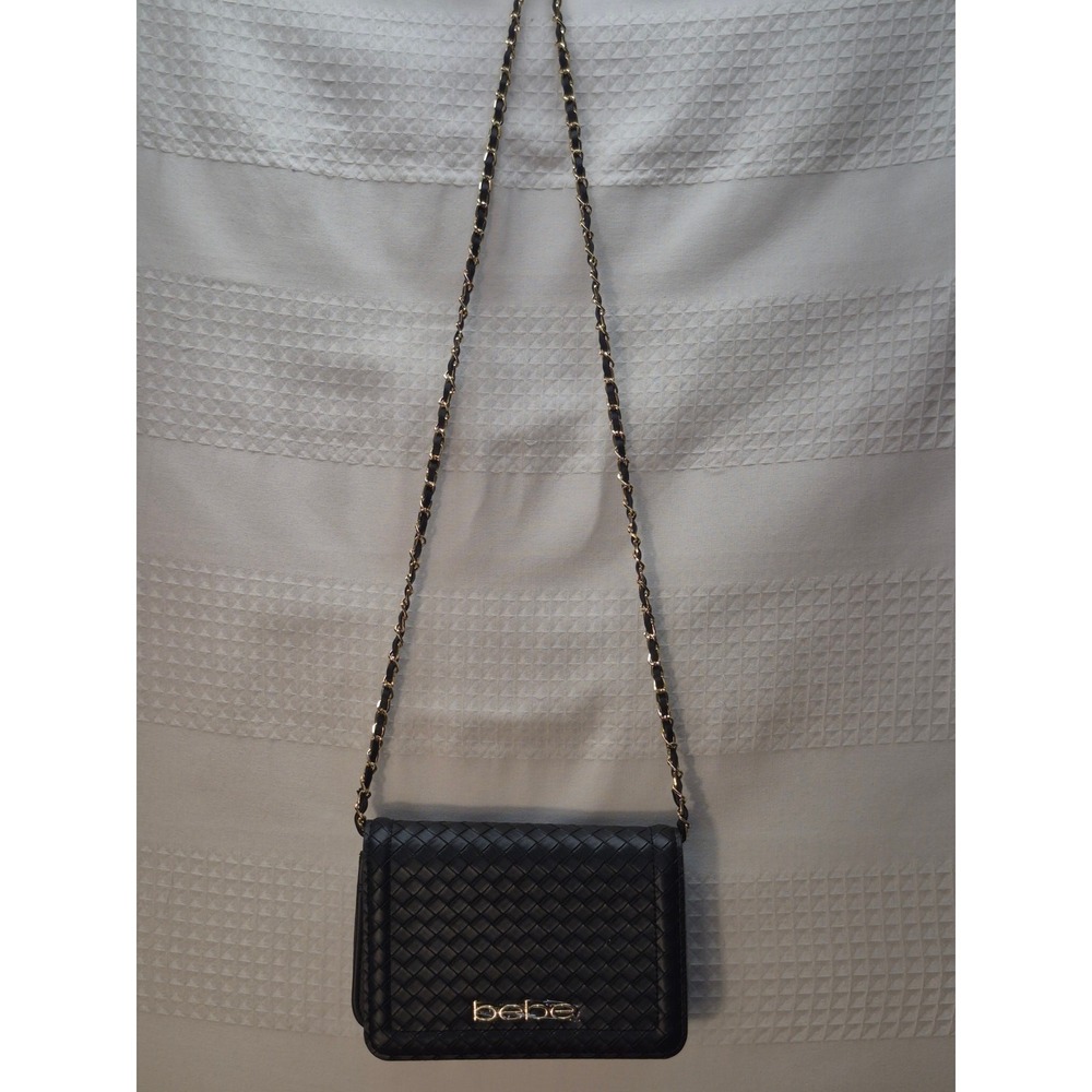 Bebe Womens Black Woven Faux Leather Crossbody Bag Gold Chain Strap